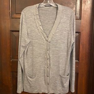 ELIE TAHARI Women’s Lightweight Gray Wool Cardigan with ribbon trim EUC | XL